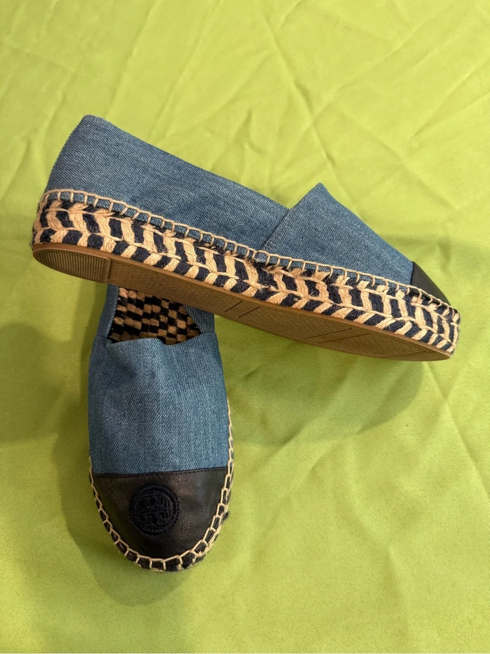 Tory Burch Women’s Blue Denim Slip-On Espadrilles with Leather Black Toe